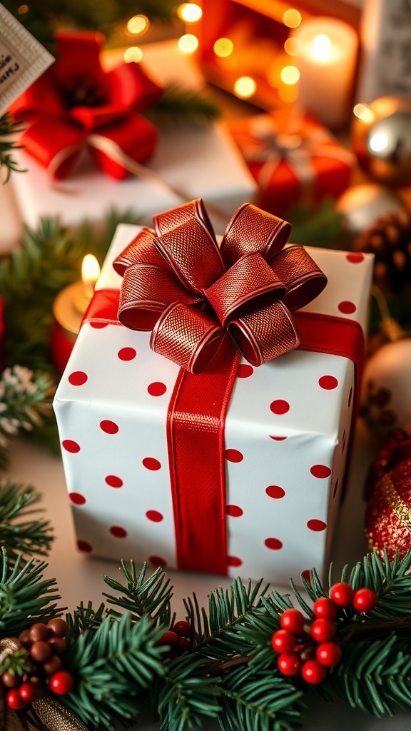 A wrapped Christmas gift box with a bow, surrounded by holiday decorations.